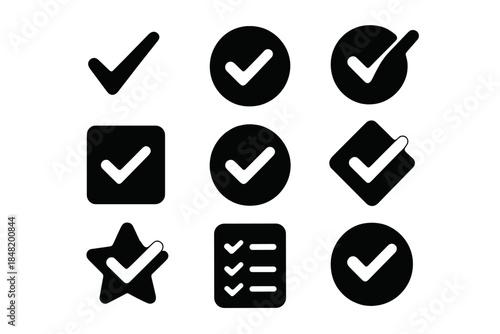 Collection of nine different black checkmark symbols for approval and success