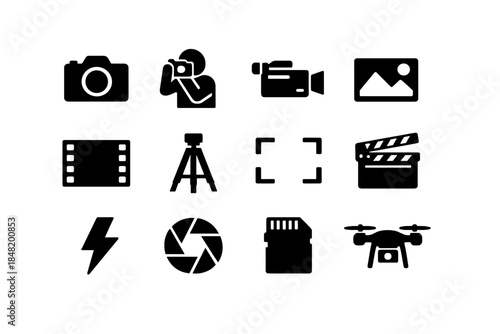 Comprehensive set of professional photography and videography production equipment glyphs