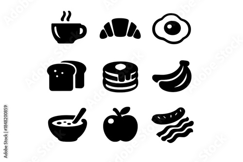 Variety of black silhouette symbols representing popular breakfast foods and beverages