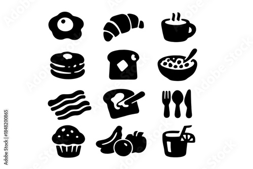 Minimalist black and white icons for breakfast foods, pastries, hot drinks, and savory items