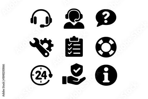 Essential customer support and service symbols for helpdesk, technical assistance, and information