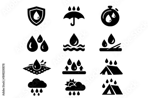 Waterproofing and water resistance symbols including rain, humidity, and protective shield icons