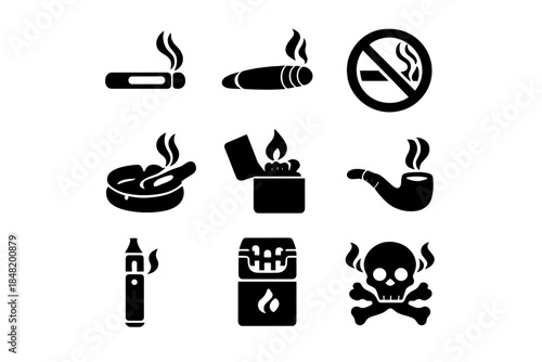 Black glyph icons representing smoking products, tobacco use, and health warnings