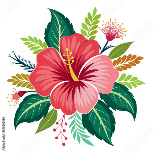 Red Hibiscus Flower with Tropical Leaves Arrangement Vector Illustration