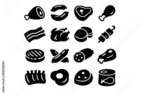 Assortment of raw and processed meat products like steak, bacon, chicken, sausages, and ribs