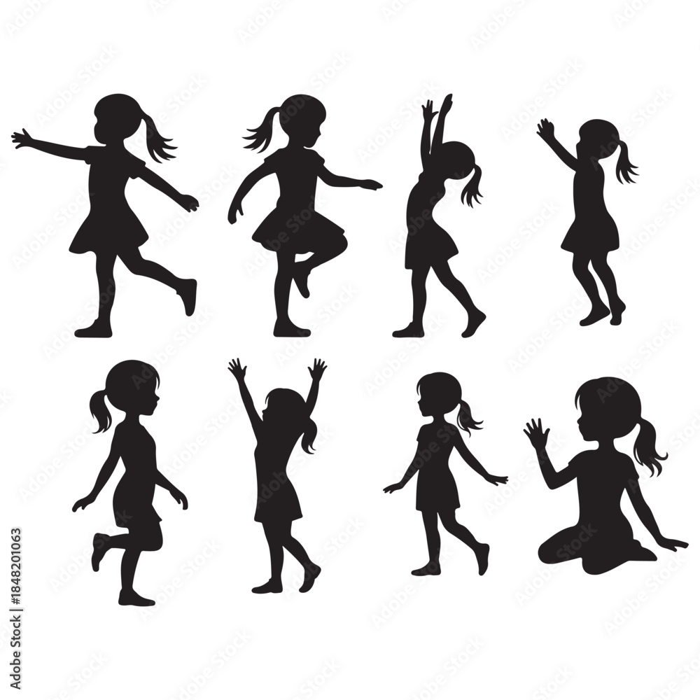 Obraz premium A collection of playful silhouettes depicting young girls engaged in various joyful and energetic activities like dancing