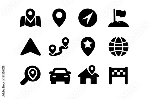 Simple black glyph icons for GPS navigation location and travel services