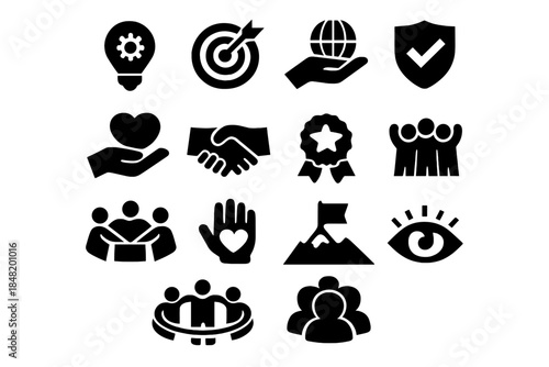 Core business values and corporate social responsibility concepts including teamwork, goals, and security