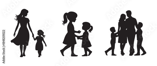 A silhouette depiction of multiple families walking together showing parents and children holding hands high quality