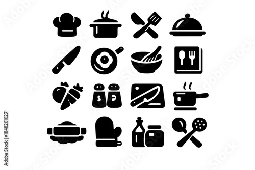 Essential kitchen and cooking tools and equipment in solid black style