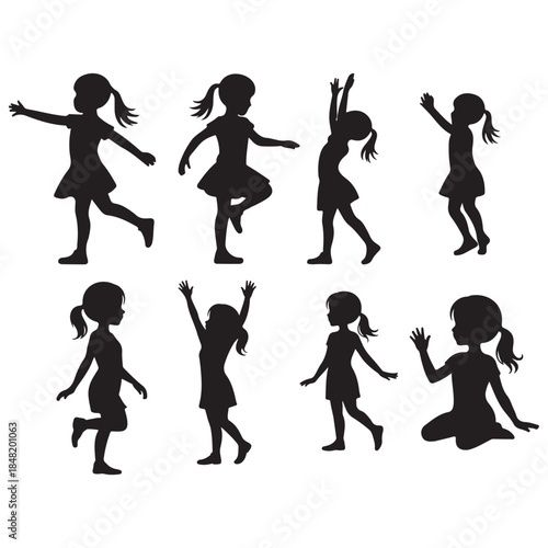 A collection of playful silhouettes depicting young girls engaged in various joyful and energetic activities like dancing