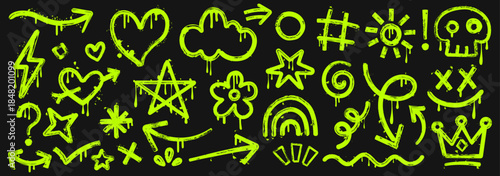 Neon Green Graffiti Spray Paint Vector Elements on Black Background, Urban Street Art Icons Set including Arrows, Skulls, Hearts, Stars and Crowns with Lime Green Drips and Splatters