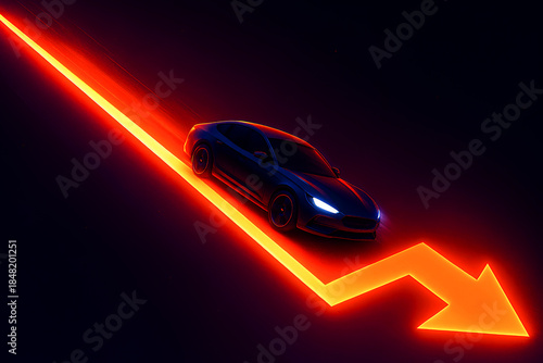 Electric Sports Car. Market Crash Concept. Downward arrow graph in red. EV economy