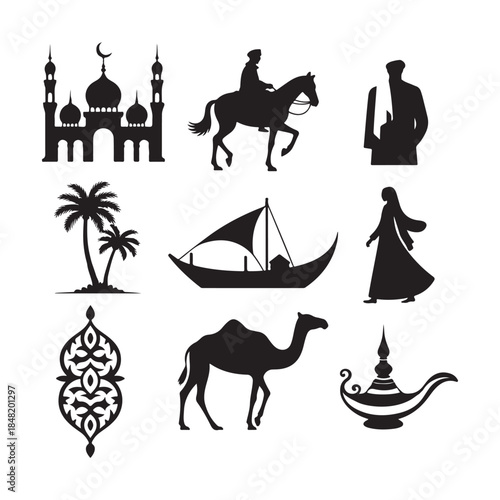 A collection of black silhouettes showcases iconic symbols representing middle eastern culture including architecture transport and traditional figures