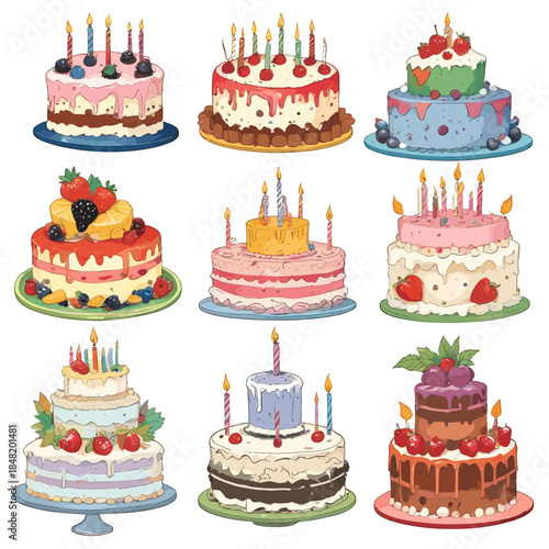 Set of 9 diverse comic-style birthday cake illustrations featuring multi-tier designs, chocolate and cream layers, lit candles, and fruit toppings like strawberries and blackberries