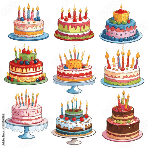 Set of 9 diverse comic-style birthday cake illustrations featuring multi-tier designs, chocolate and cream layers, lit candles, and fruit toppings like strawberries and blackberries