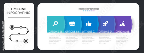 Progress bar featuring 5 arrow-shaped elements, symbolizing the five stages of business strategy and progression. Clean timeline infographic design template. Vector for mobile presentation.