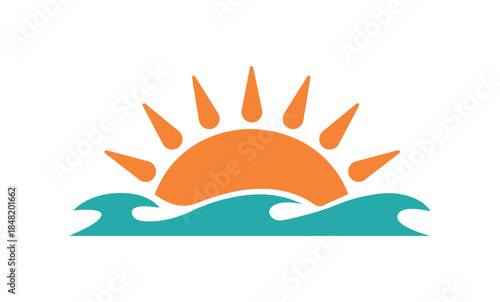 Sunrise Over Ocean Wave Flat Icon Summer Beach Nature Vector