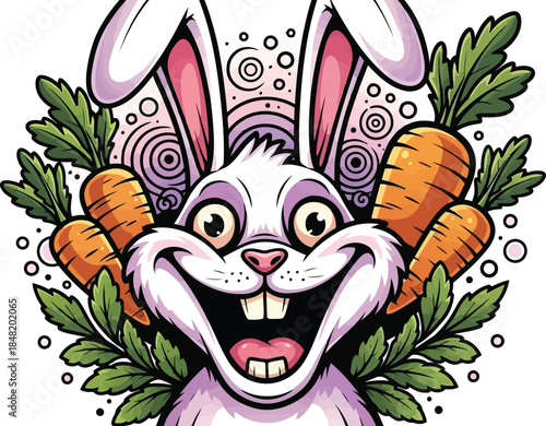 Happy cartoon bunny with carrots and leaves smiling