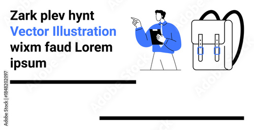 Education, organization, study planning, productivity tools, academic , modern design. Minimalist layout with a man pointing and a backpack. Education and organization concept