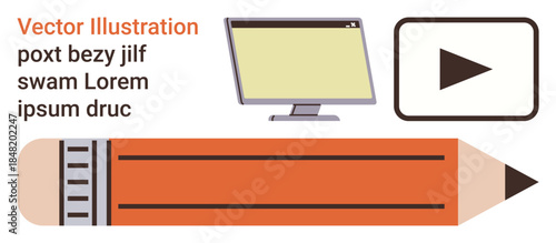 Media creation, education tools, digital resources, creativity, technology, content development. A computer screen, play button and pencil are . Media creation and education tools