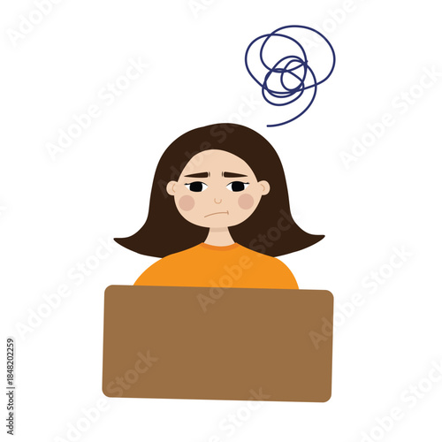 Stressed woman at laptop with tangled thoughts, ideal for mental health, burnout