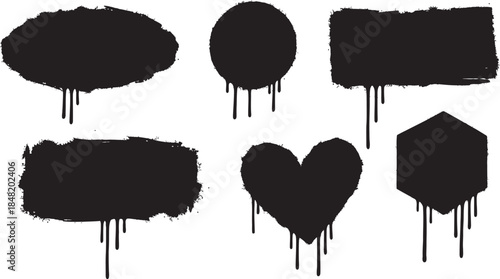 Collection set of diverse grungy spray paint frame elements with dripping black ink effect for graphic design