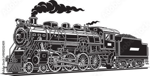 Vintage Steam Locomotive Black and White Illustration for Transportation and Industry