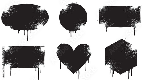 Collection of diverse grungy spray paint frame elements with dripping black ink effect for graphic design