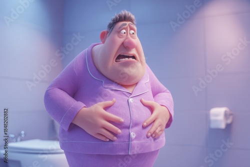 Cartoonish Middle-Aged Man Shows Discomfort in Bathroom While Wearing Purple Pajamas