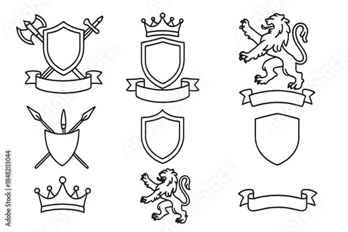 Outline heraldry icons set featuring shields axes spears crowns lions and banners