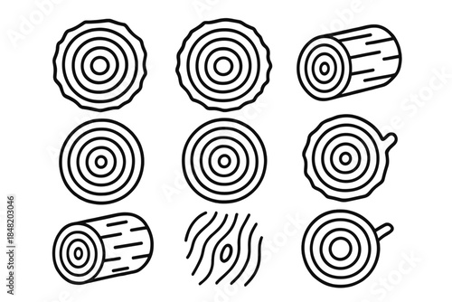 Tree trunk cross section and log icons showing annual growth rings