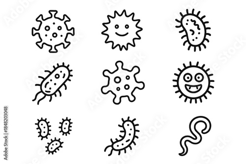 Collection of various microbe and germ icons in simple outline style