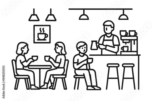 Customers relaxing with hot beverages at modern cafe counter and tables