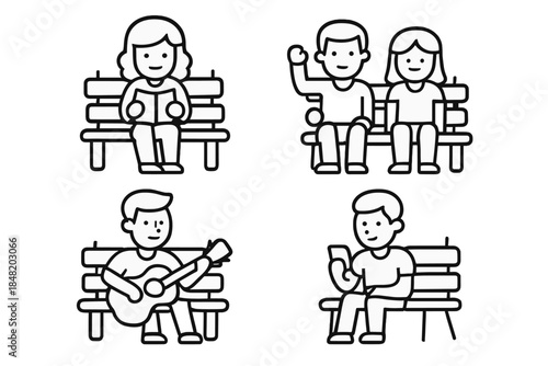 Diverse people relaxing on park bench icons reading playing guitar and using phone