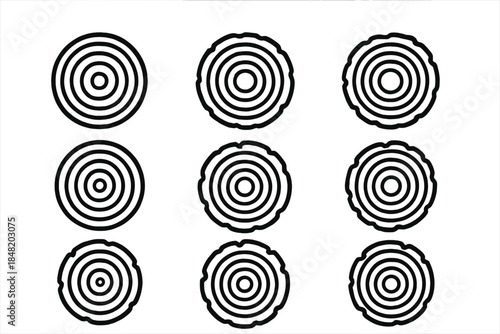 Nine tree ring cross section icons showing growth patterns and bark edges