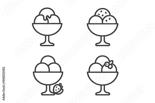Four simple outline icons representing ice cream sundaes served in dessert bowls