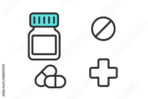 Set of medical and pharmaceutical outline icons featuring pills and first aid symbols