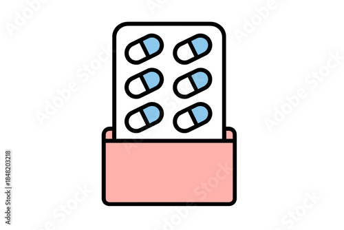 Blister pack with six blue and white capsules in pink holder