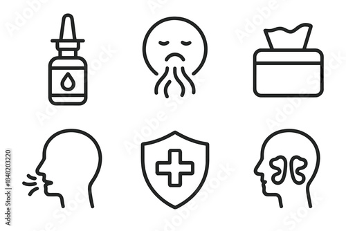 Collection of icons depicting common cold, flu, and allergy symptoms and remedies