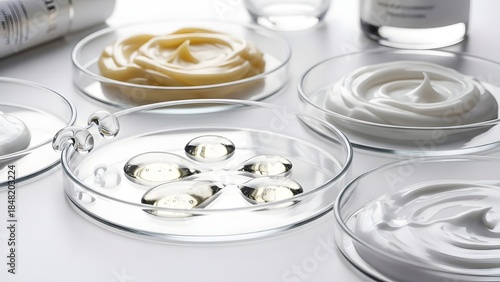 Cosmetic ingredient testing skincare formulation beauty product research laboratory samples cream texture analysis oil droplet study dermatology science