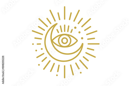 Minimalist golden line art crescent moon with all-seeing eye and sun rays