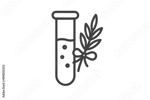 Outline icon of test tube with botanical branch and decorative bow