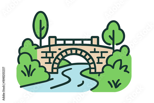 Stone arch bridge spans winding river surrounded by lush green foliage