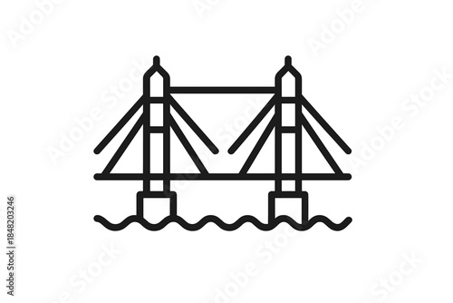 Minimalist outline icon of a suspension bridge structure spanning over water