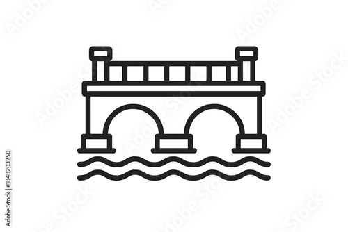Minimalist line icon of stone arch bridge spanning over water waves