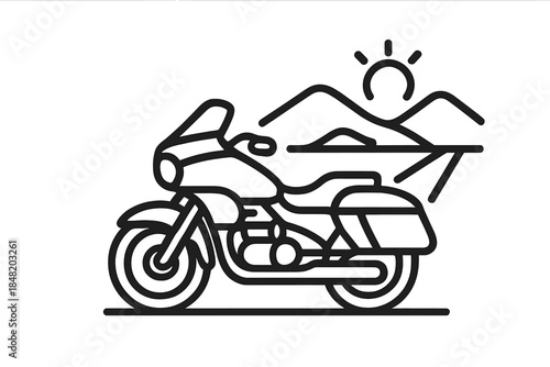 Cruiser motorcycle touring against sun and mountains outline icon
