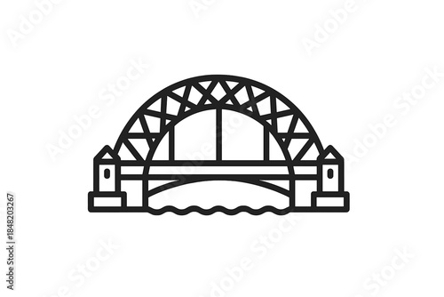 Steel arch bridge structure spanning water landmark outline icon