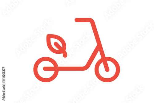Red line icon of electric scooter featuring a stylized leaf detail