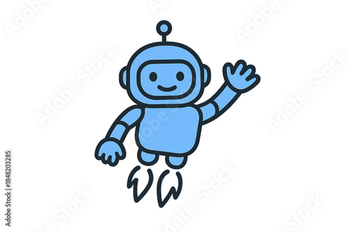 Cute blue robot character waving while flying with jet propulsion
